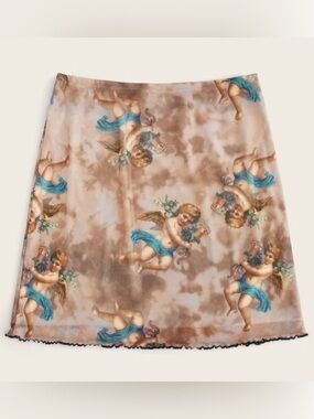 Mesh Cherub Angel Print Mini Skirt Y2K Renaissance Grunge Whimsigoth Cupid LG